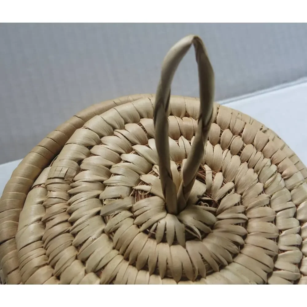 AFRICAN Hand Woven Hanging Basket Grass Tribal Ethnic Lid and Loop Nigeria Tans